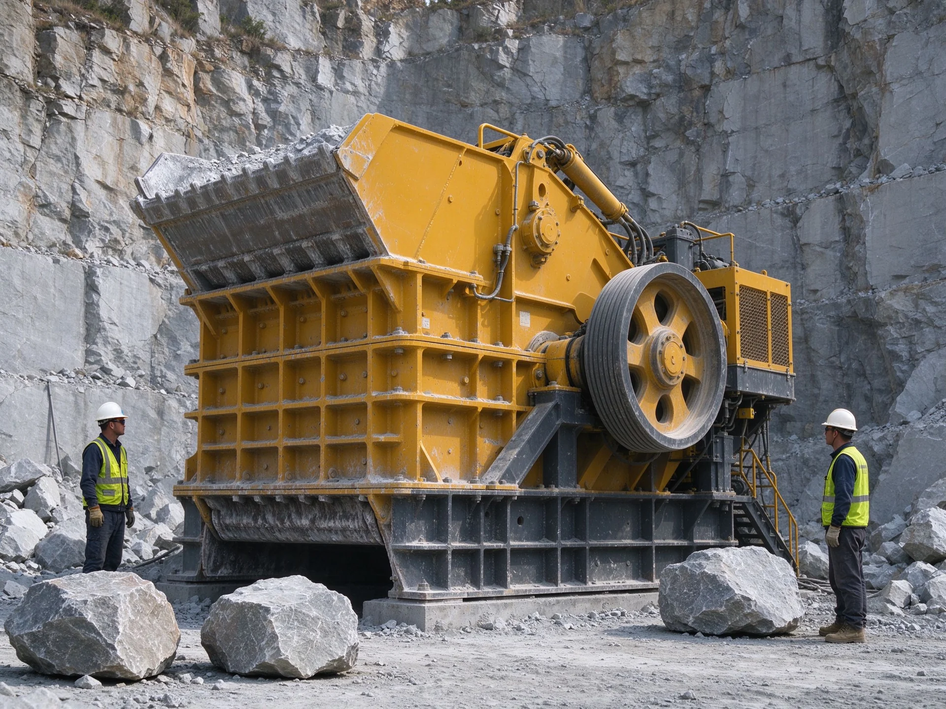 Client-supplied quarry and jaw-crushing illustrations. Exact model identity and publication rights remain to be confirmed; these images do not establish a specific project result.