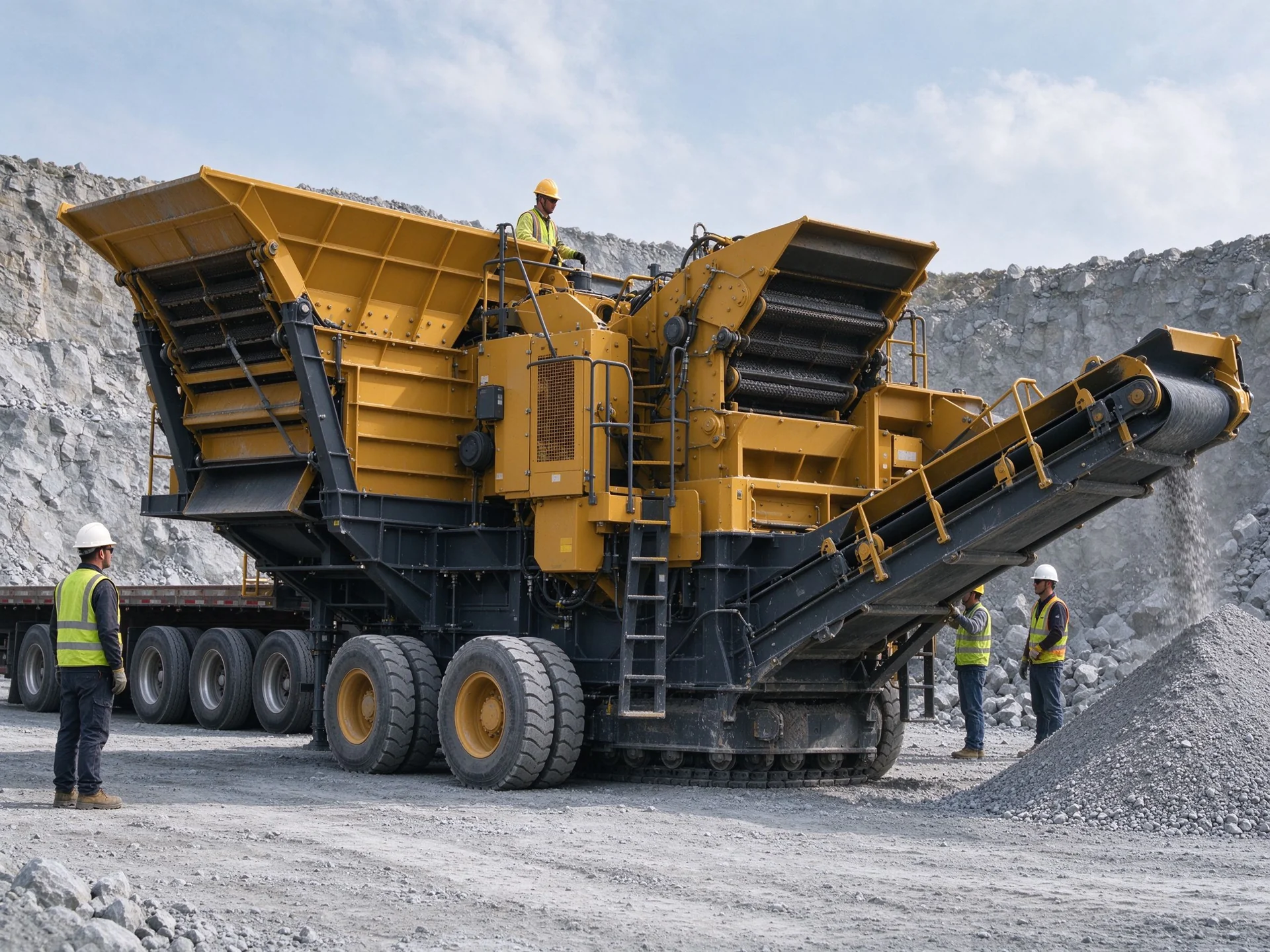 Client-supplied mobile crushing illustration showing a tracked configuration. The article describes a wheeled semi-trailer configuration. This is not a verified RP-MC-100 product photograph; model and chassis correspondence remain pending.