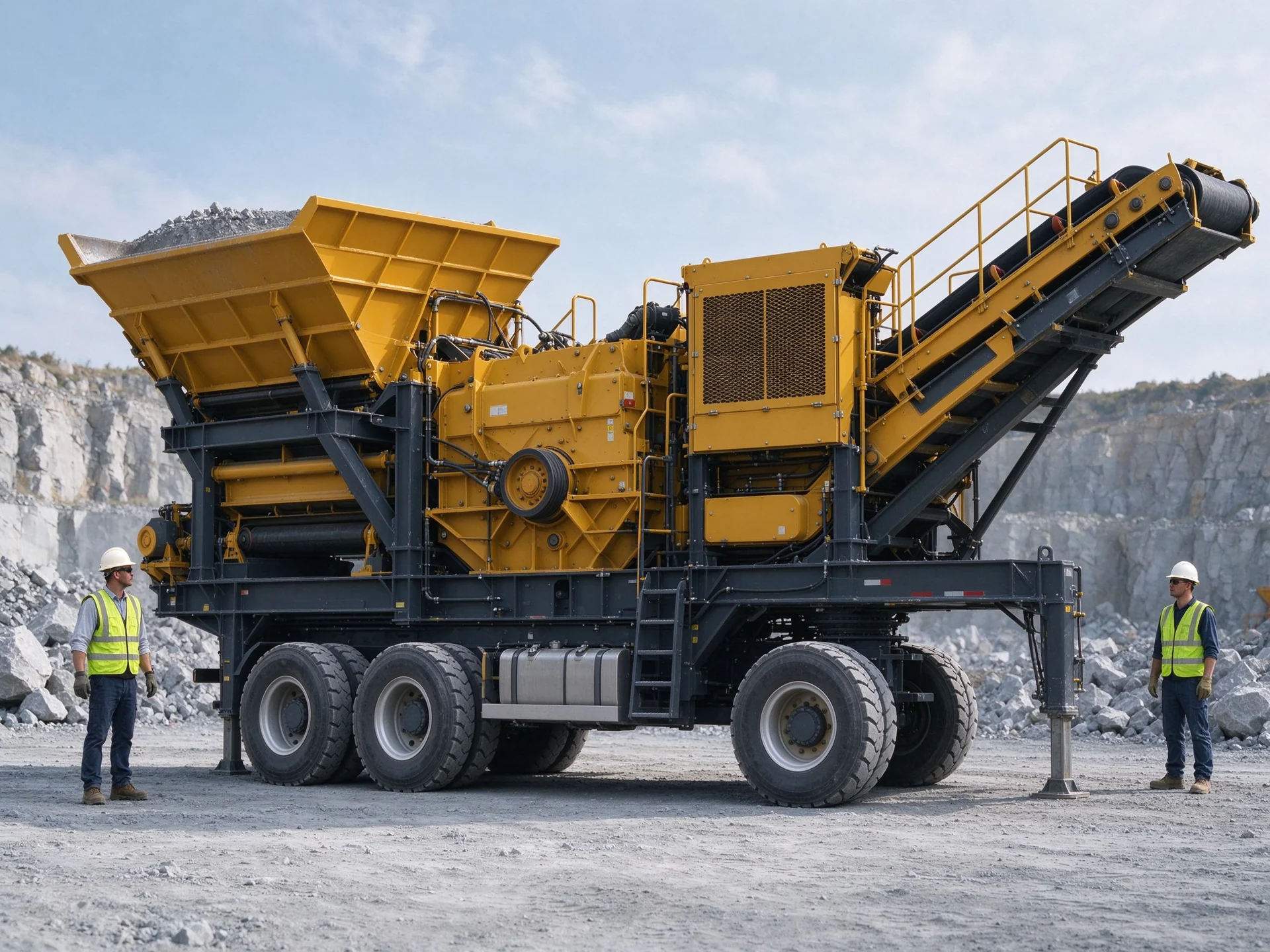 Client-supplied mobile crushing illustration showing a tracked configuration. The article describes a wheeled semi-trailer configuration. This is not a verified RP-MC-100 product photograph; model and chassis correspondence remain pending.